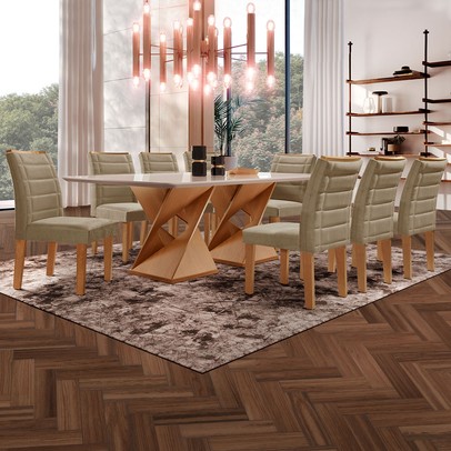 Mesa de Jantar 8 Lugares Lucerna com Vidro Cinamomo/Off White/Marrom Claro - Pnr Móveis