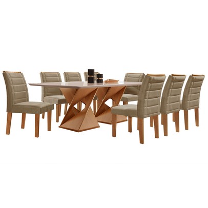 Mesa de Jantar 8 Lugares Lucerna com Vidro Cinamomo/Off White/Marrom Claro - Pnr Móveis