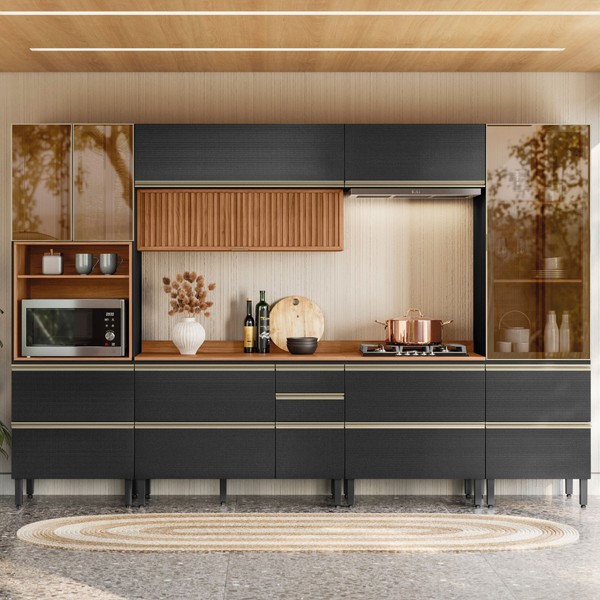 Cozinha Completa Proença 8 Portas 9 Gavetas Ripado 100% Mdf com Vidro Dp3302rp Nogueira/Carbono Prime - Demóbile