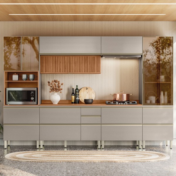 Cozinha Completa Proença 8 Portas 9 Gavetas Ripado 100% Mdf com Vidro Dp3302rp Nogueira/Nude - Demóbile