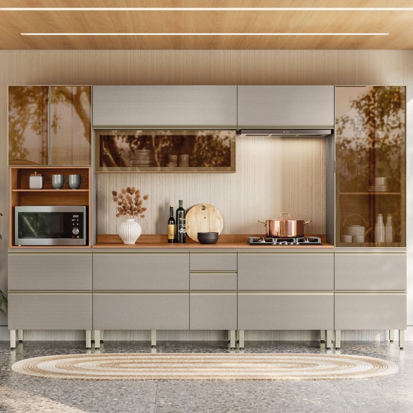 Cozinha Completa Proença 8 Portas 9 Gavetas 100% Mdf com Vidro Dp3302rf Nogueira/Nude - Demóbile