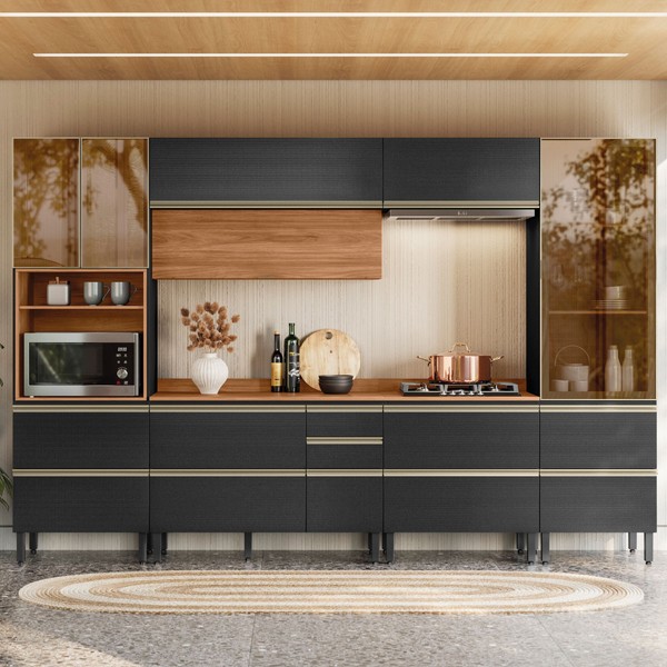 Cozinha Completa Proença 8 Portas 9 Gavetas 100% Mdf com Vidro Dp3302mf Nogueira/Carbono Prime Tx - Demóbile
