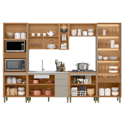 Cozinha Completa Allure 14 Portas 4 Gavetas 100% Mdf com Vidro 810016087 Jequitibá/Gris - Linea Brasil