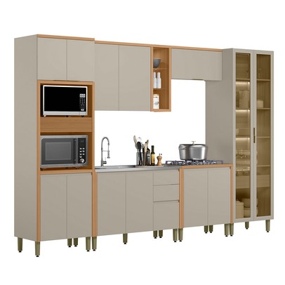 Cozinha Completa Allure 14 Portas 4 Gavetas 100% Mdf com Vidro 810016087 Jequitibá/Gris - Linea Brasil