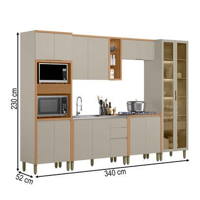 Cozinha Completa Allure 14 Portas 4 Gavetas 100% Mdf com Vidro 810016087 Jequitibá/Gris - Linea Brasil