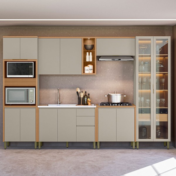 Cozinha Completa Allure 14 Portas 4 Gavetas 100% Mdf com Vidro 810016087 Jequitibá/Gris - Linea Brasil