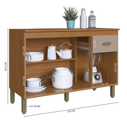 Balcão de Cozinha 120 Cm 3 Portas 1 Gaveta 6226.9 Freijó/Camurça - Indékes