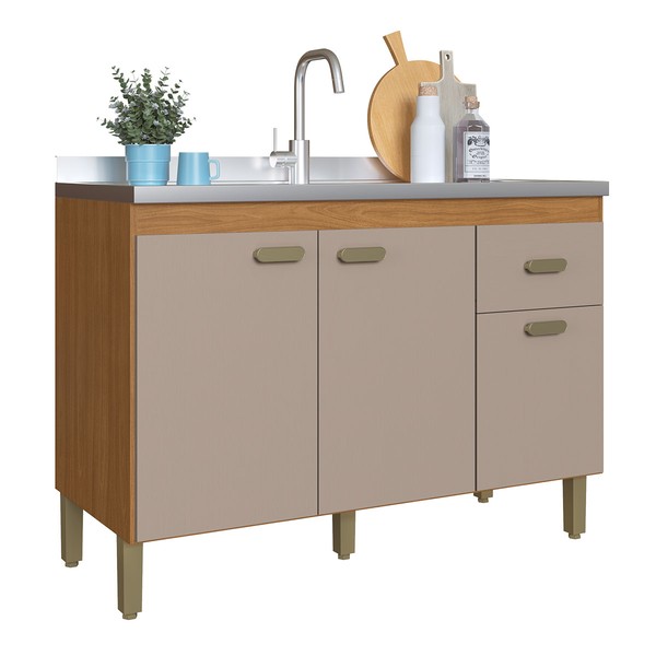 Balcão de Cozinha para Pia 120 Cm 3 Portas 1 Gaveta Freijó/Camurça - Indékes