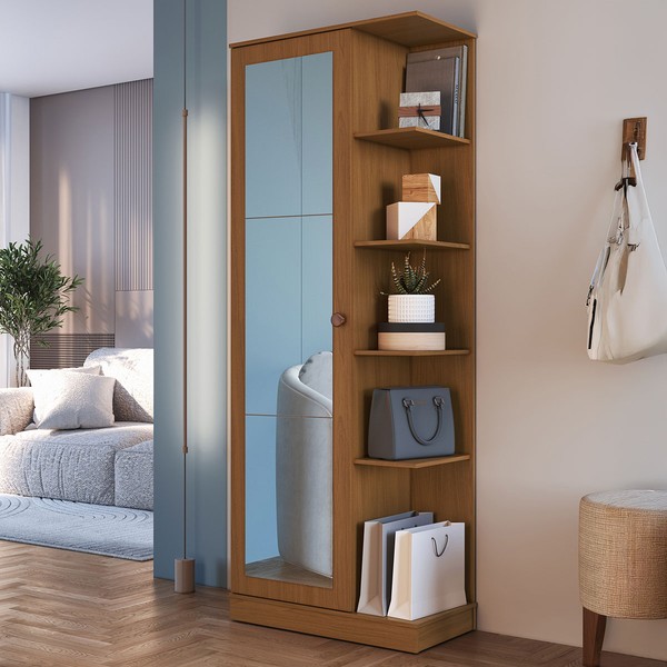 Sapateira Camille 1 Porta 8 Prateleiras com Espelho Branco/Freijó - Indékes