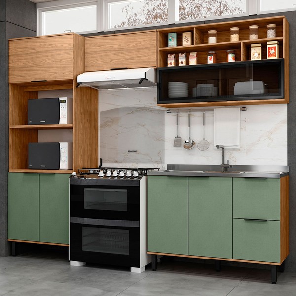 Cozinha Compacta Sophie 7 Portas 3 Gavetas com Vidro 100% Mdf Freijo/Jade - Pnr Móveis
