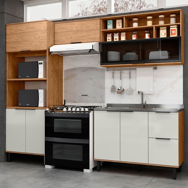 Cozinha Compacta Sophie 7 Portas 3 Gavetas com Vidro 100% Mdf Freijo/Off White - Pnr Móveis