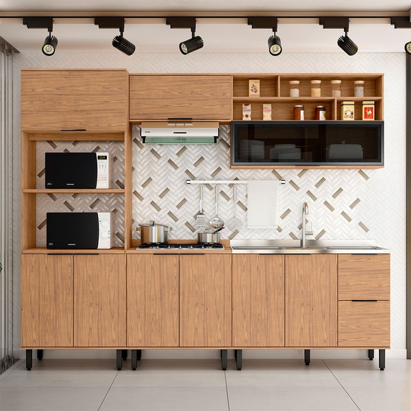 Cozinha Completa Sophie 9 Portas 3 Gavetas com Vidro 100% Mdf Freijo - Pnr Móveis