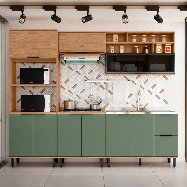 Cozinha Completa Sophie 9 Portas 3 Gavetas com Vidro 100% Mdf Freijo/Jade - Pnr Móveis