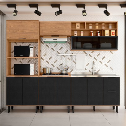 Cozinha Completa Sophie 9 Portas 3 Gavetas com Vidro 100% Mdf Freijo/Nero - Pnr Móveis