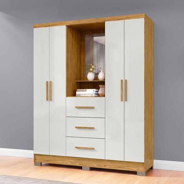 Guarda-Roupa Casal Leonidas 4 Portas 3 Gavetas com Espelho Marrocos/Off White - Pnr Móveis