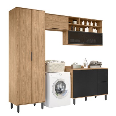 Lavanderia Completa Cloe 6 Portas 3 Gavetas 100% Mdf Freijó/Nero - Pnr Móveis
