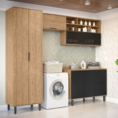 Lavanderia Completa Cloe 6 Portas 3 Gavetas 100% Mdf Freijó/Nero - Pnr Móveis