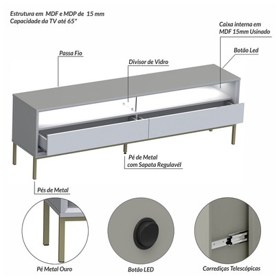 Rack para TV Até 65 Polegadas Fusion 2 Gavetas com Led Off White/Banco Acetinado - Olivar Móveis