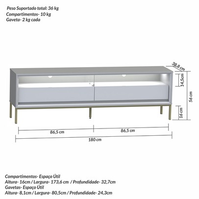 Rack para TV Até 65 Polegadas Fusion 2 Gavetas com Led Off White/Banco Acetinado - Olivar Móveis