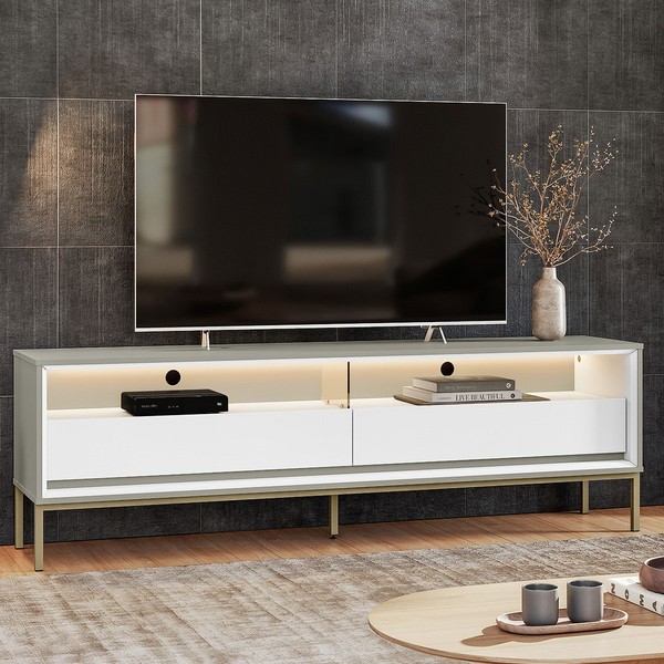 Rack para TV Até 65 Polegadas Fusion 2 Gavetas com Led Off White/Banco Acetinado - Olivar Móveis