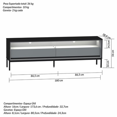 Rack para TV Até 65 Polegadas Fusion 2 Gavetas com Led Preto/Off White - Olivar Móveis