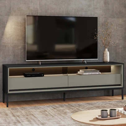 Rack para TV Até 65 Polegadas Fusion 2 Gavetas com Led Preto/Off White - Olivar Móveis