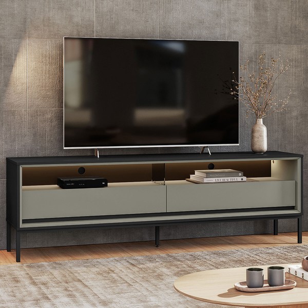 Rack para TV Até 65 Polegadas Fusion 2 Gavetas com Led Preto/Off White - Olivar Móveis
