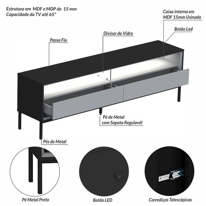Rack para TV Até 65 Polegadas Fusion 2 Gavetas com Led Preto/Off White - Olivar Móveis