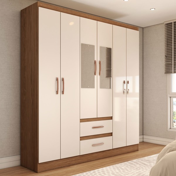 Guarda-Roupa Solteiro Elise com Espelho 6 Portas 2 Gavetas Off White/Nogueira - Panorama Móveis
