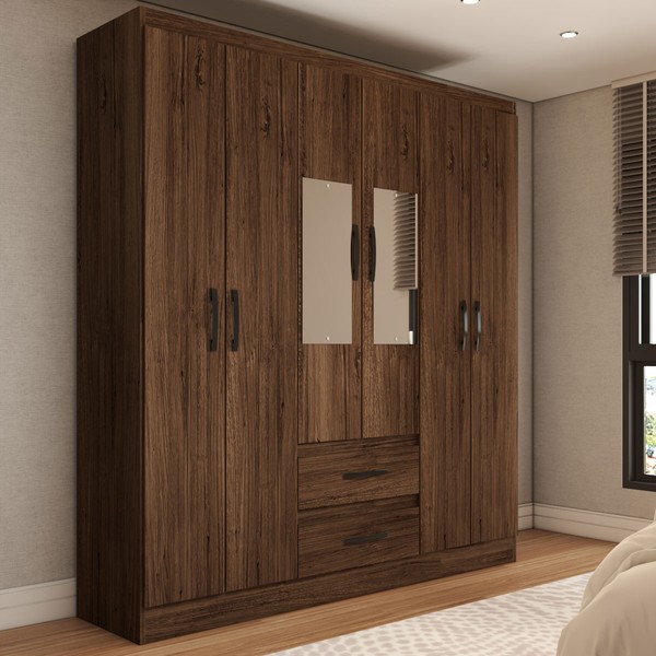 Guarda-Roupa Solteiro Elise com Espelho 6 Portas 2 Gavetas Castanho - Panorama Móveis