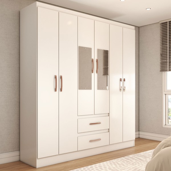 Guarda-Roupa Solteiro Elise com Espelho 6 Portas 2 Gavetas Branco - Panorama Móveis