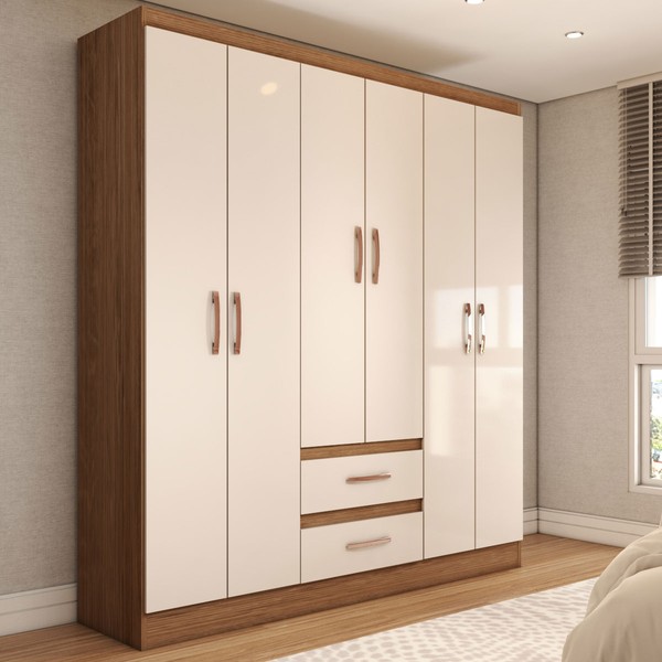 Guarda-Roupa Solteiro Elise 6 Portas 2 Gavetas Off White/Nogueira - Panorama Móveis