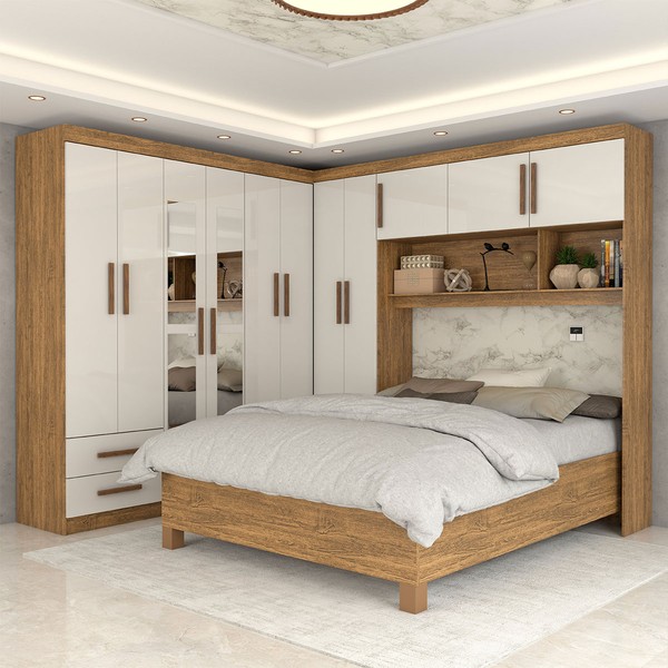 Guarda-Roupa Casal Modulado com Cama Belgrado 11 Portas 6 Gavetas com Espelho Cinamomo/Off White - Panorama Móveis