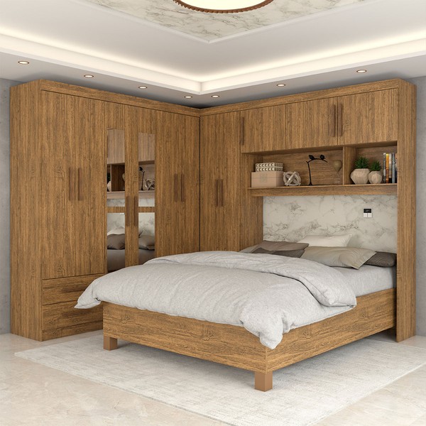 Guarda-Roupa Casal Modulado com Cama Belgrado 11 Portas 6 Gavetas com Espelho Cinamomo - Panorama Móveis