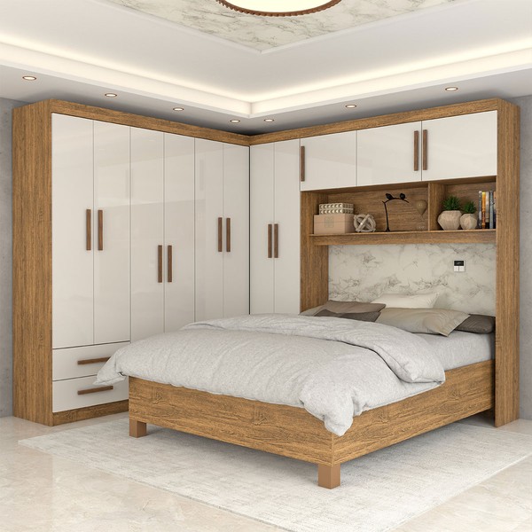 Guarda-Roupa Casal Modulado com Cama Belgrado 11 Portas 6 Gavetas Cinamomo/Off White - Panorama Móveis