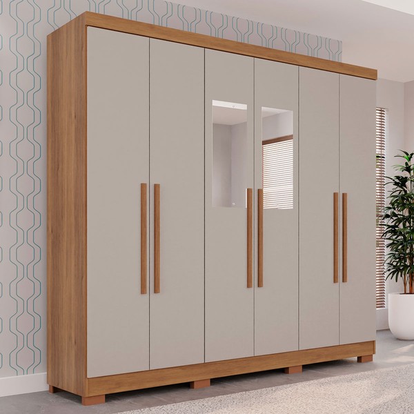 Guarda-Roupa Casal Pinheiro 6 Portas 2 Gavetas com Espelho Cinamomo/Off White - Pnr Móveis