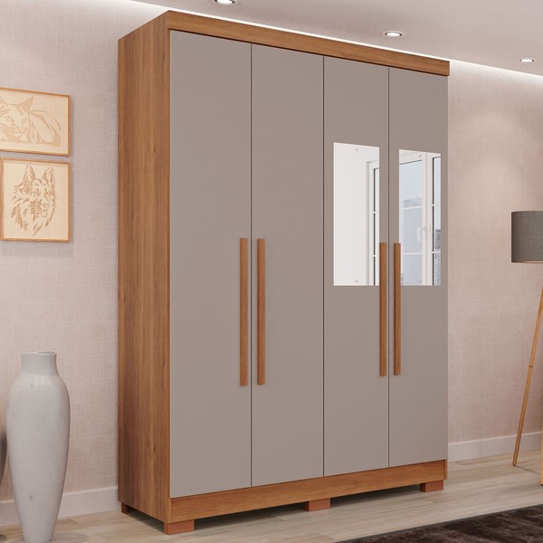 Guarda-Roupa Solteiro Pinheiro 4 Portas 2 Gavetas com Pés e Espelho Cinamomo/Off White - Pnr Móveis