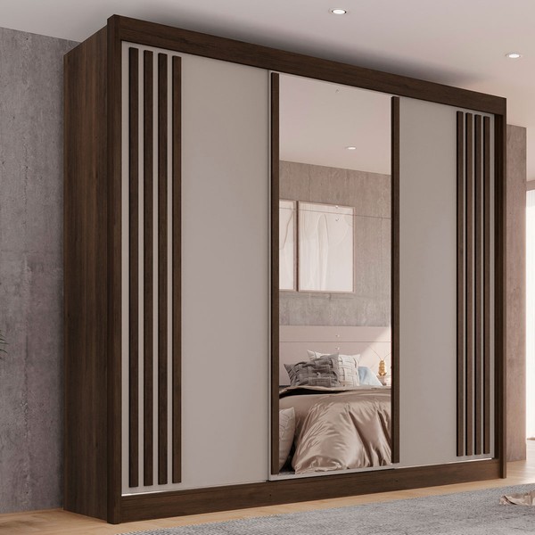 Guarda-Roupa Casal Grécia 3 Portas 4 Gavetas com Espelho Savana/Off White - Pnr Móveis