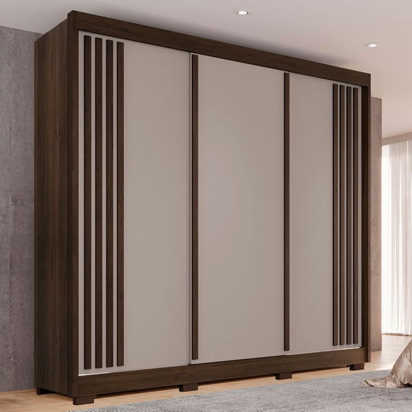 Guarda-Roupa Casal Grécia 3 Portas 4 Gavetas 100% Mdf Ripado Savana/Off White - Pnr Móveis