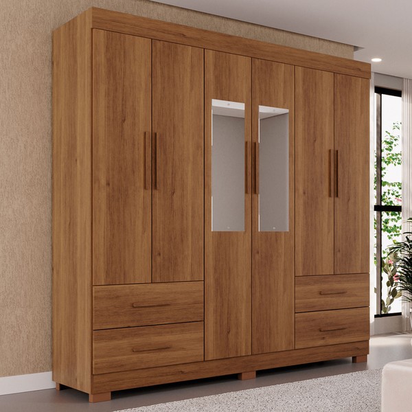 Guarda-Roupa Casal Kali 6 Portas 4 Gavetas com Espelho Cinamomo - Pnr Móveis