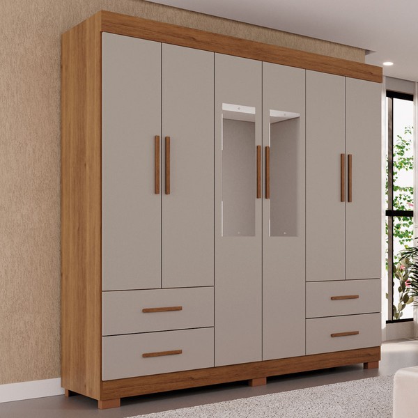 Guarda-Roupa Casal Kali 6 Portas 4 Gavetas com Espelho Cinamomo/Off White - Pnr Móveis