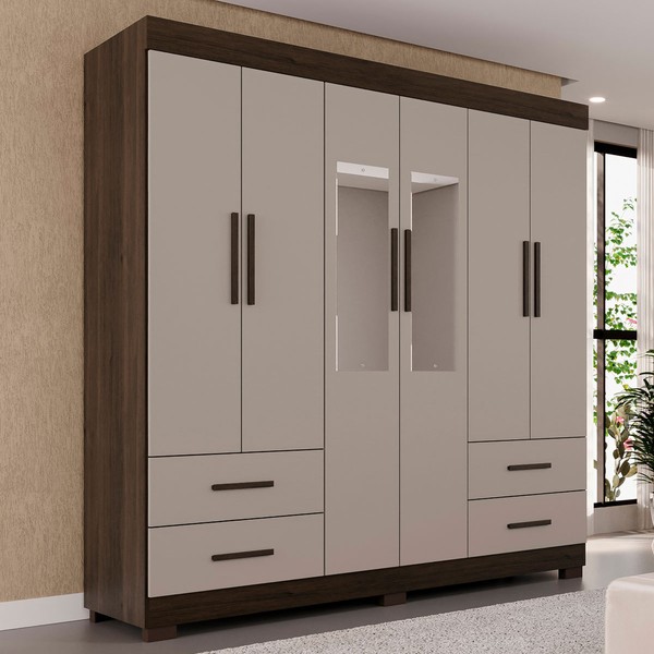 Guarda-Roupa Casal Kali 6 Portas 4 Gavetas com Espelho Savana/Off White - Pnr Móveis