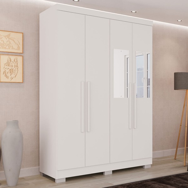 Guarda-Roupa Solteiro Pinheiro 4 Portas 2 Gavetas com Espelho Branco - Pnr Móveis