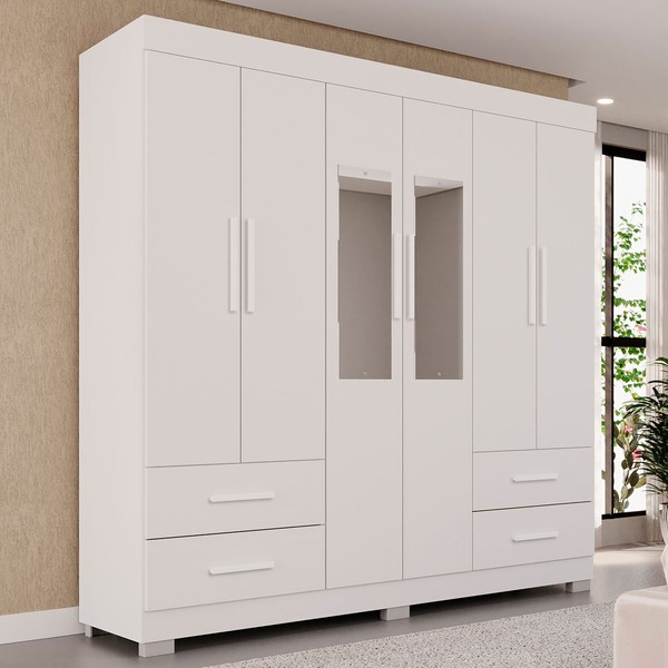 Guarda-Roupa Casal Kali 6 Portas 4 Gavetas com Espelho Branco - Pnr Móveis