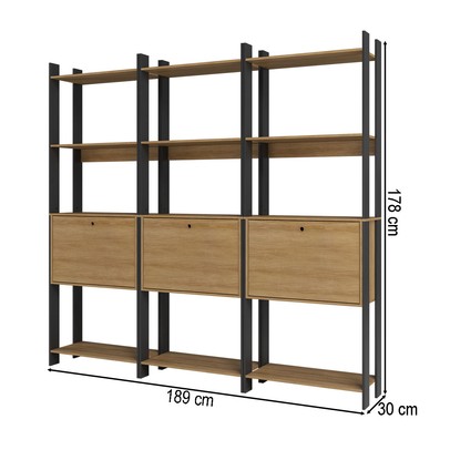 Estante para Livros Barcelos 3 Portas 9 Prateleiras Mel/Preto - Pnr Móveis
