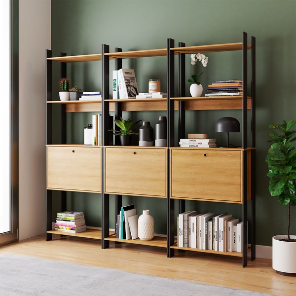 Estante para Livros Barcelos 3 Portas 9 Prateleiras Mel/Preto - Pnr Móveis