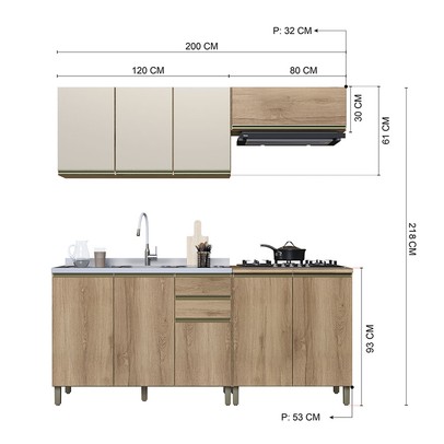 Cozinha Completa Dinamarca 9 Portas 2 Gavetas com Vidro 6123.162 Castani - Indékes