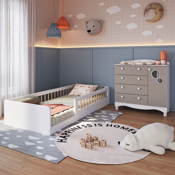 Quarto Infantil Completo Aquarela 1 Porta 4 Gavetas Cinnamon/Branco - Pnr Móveis
