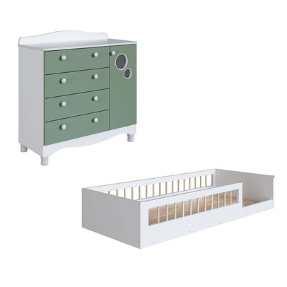 Quarto Infantil Completo Aquarela 1 Porta 4 Gavetas Verde/Branco - Pnr Móveis