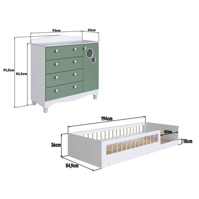 Quarto Infantil Completo Aquarela 1 Porta 4 Gavetas Verde/Branco - Pnr Móveis